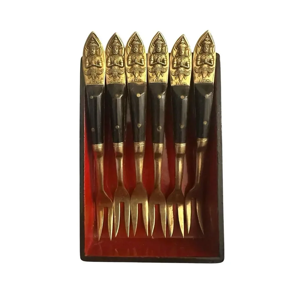 1950’s Siam Buddha Flatware Set Bronze Brass 6 Shrimp Forks Lacquer Display Box